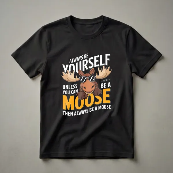 Black t-shirt with a cartoon moose wearing sunglasses and the text 'Always Be Yourself Unless You Can Be A Moose Then Always Be A Moose'.