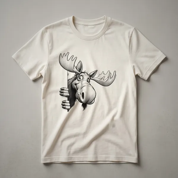 White graphic t-shirt featuring a cartoon moose with large antlers peeking from behind a brown tree trunk, with a humorous expression.