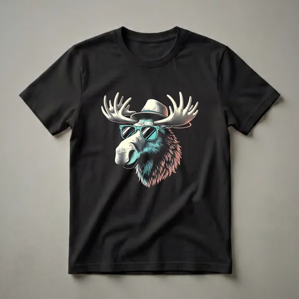 Black t-shirt featuring a retro illustration of a moose wearing teal sunglasses and a cream fedora hat, rendered in a halftone dot style with coral and teal accents.