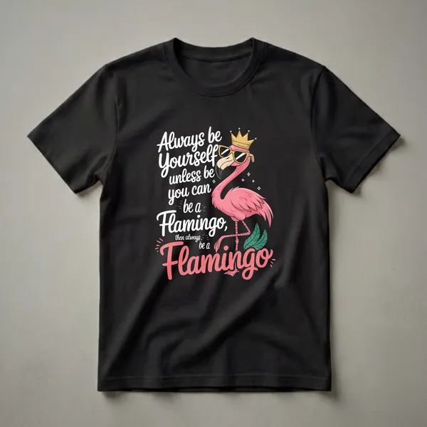Black t-shirt featuring a pink cartoon flamingo wearing sunglasses and a gold crown, with the text 'Always be Yourself unless you can be a Flamingo, then always be a Flamingo' in white and coral.