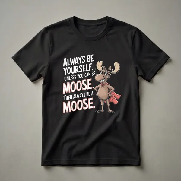 Black t-shirt with a cartoon moose wearing sunglasses and a red cape, with the text 'Always Be Yourself... Unless You Can Be Moose. Then Always Be A Moose.'