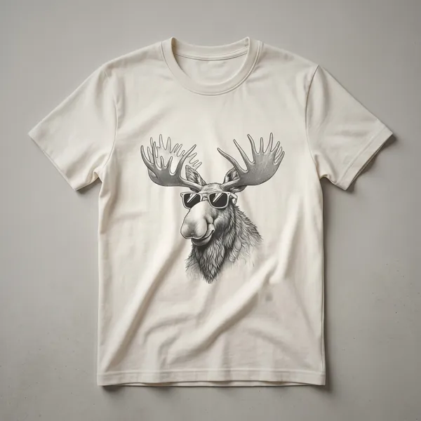 A white graphic t-shirt with a black print of a moose wearing dark sunglasses and a subtle forest background.