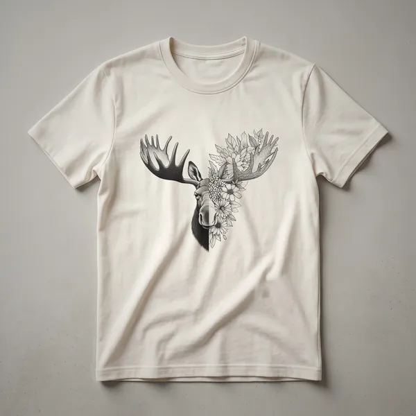 White t-shirt with a watercolor graphic of a moose head adorned with colorful flowers.