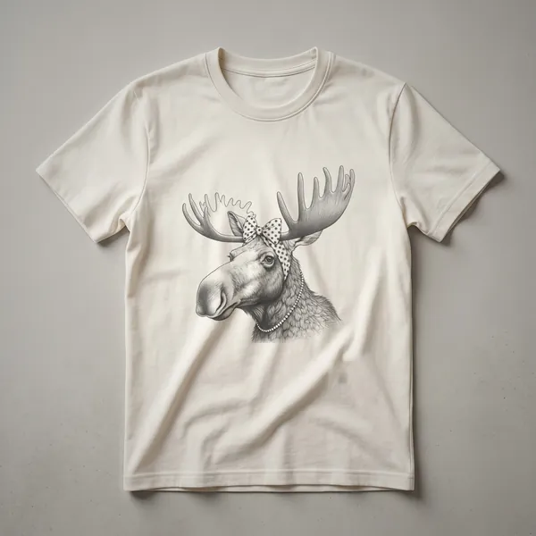 White graphic t-shirt featuring a stylized black moose head with antlers, set against a solid background.