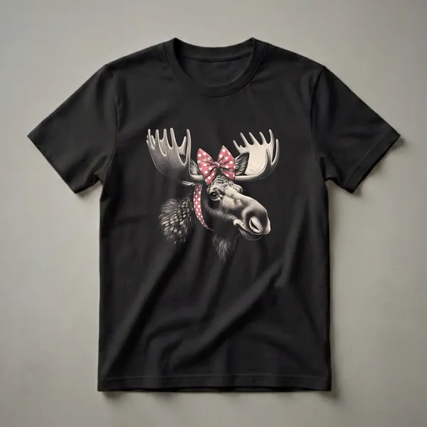 Black t-shirt featuring a detailed vintage illustration of a moose's head wearing a red and white polka dot bow and bandana.