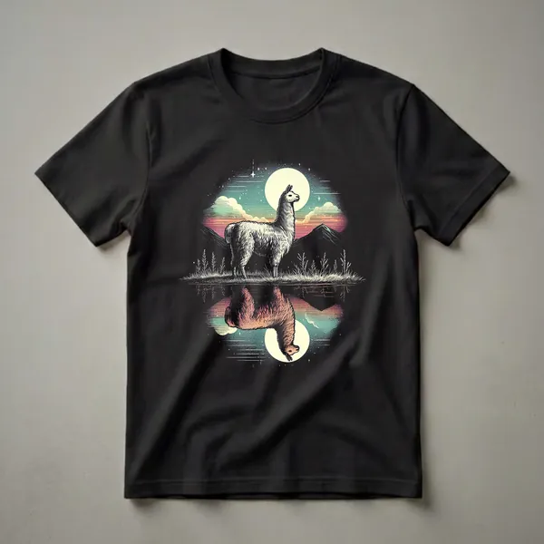 Black graphic t-shirt featuring a white llama or alpaca standing by water with a moon and mountains in the background, rendered in a linocut style.