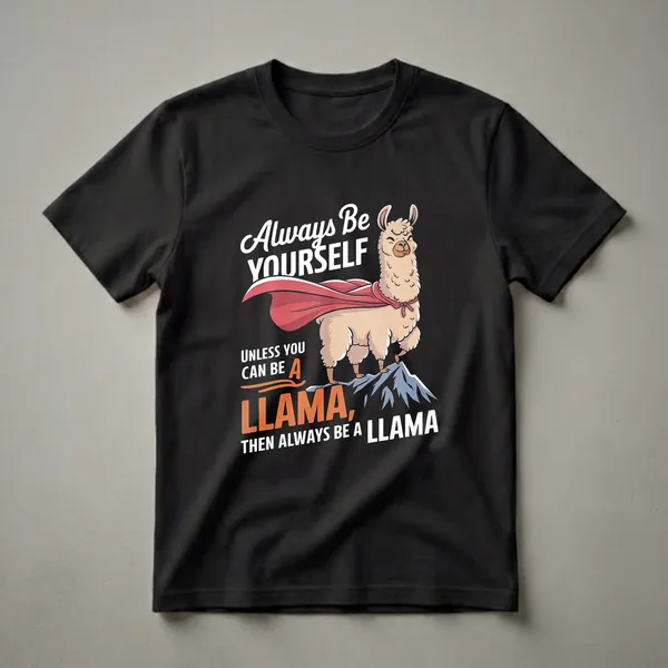 Black t-shirt featuring a cartoon llama wearing a red superhero cape, standing on a mountain, with the text 'Always Be Yourself Unless You Can Be A Llama, Then Always Be A Llama'.