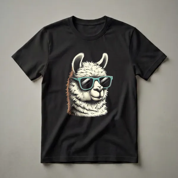 A cream-colored llama wearing teal sunglasses, depicted in a vintage stippled illustration style on a black background.