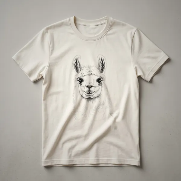 A black graphic t-shirt featuring a vintage sketch of a llama's face with detailed linework and shading.