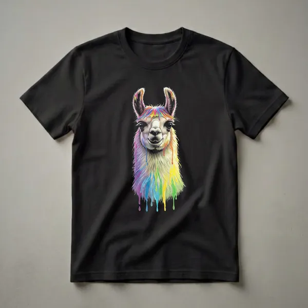 A white llama alpaca with rainbow paint dripping down its head and fur, set against a black background. The graphic tee design is vibrant and artistic.