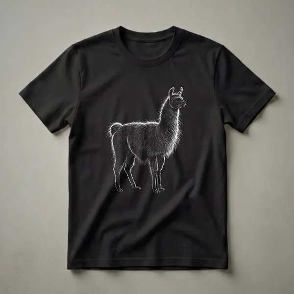 White line art graphic of a llama or alpaca standing in profile against a black background, showcasing its shaggy fur and distinct features.