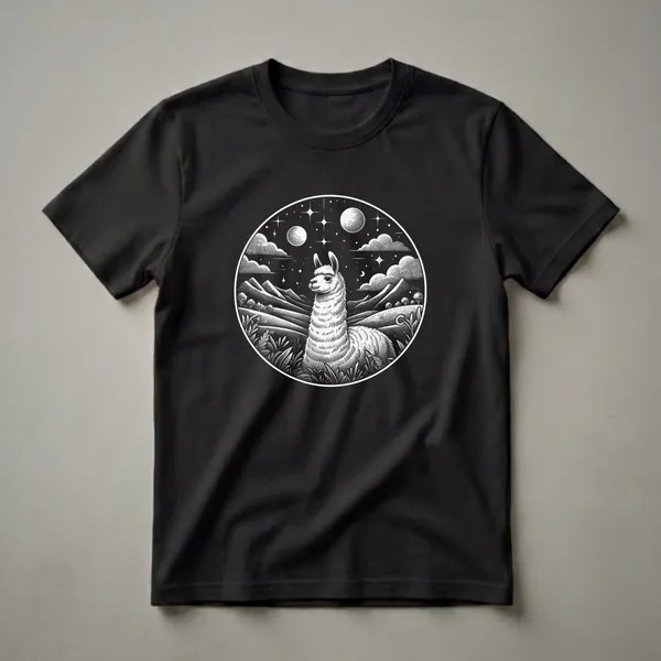 Black and white graphic t-shirt featuring a llama or alpaca in a serene natural landscape with mountains, grass, and a starry night sky with moons and clouds.