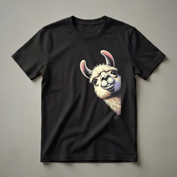 Black t-shirt featuring a close-up illustration of a cream-colored llama peeking from the right side with a wide, smiling expression and pink-lined ears.