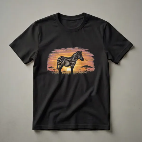 Black t-shirt with a graphic design of a zebra silhouette standing in a savanna landscape during a vibrant, textured sunset with acacia trees and birds.