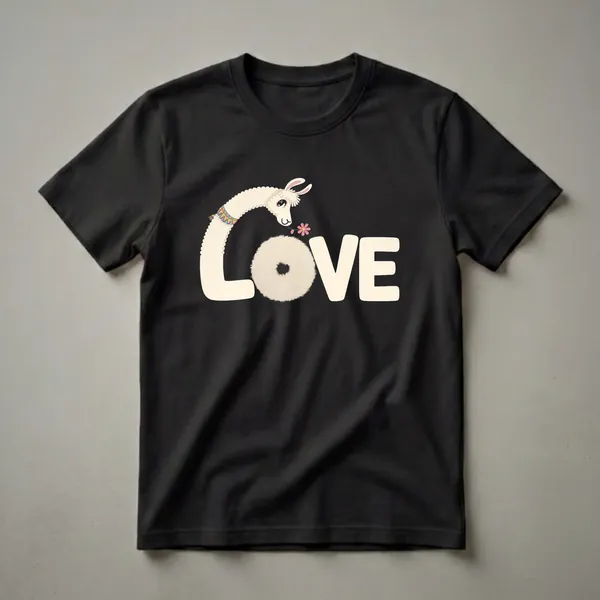 Cream-colored cartoon llama wearing a colorful scarf and holding a pink flower, with the word 'LOVE' next to it, on a black t-shirt.