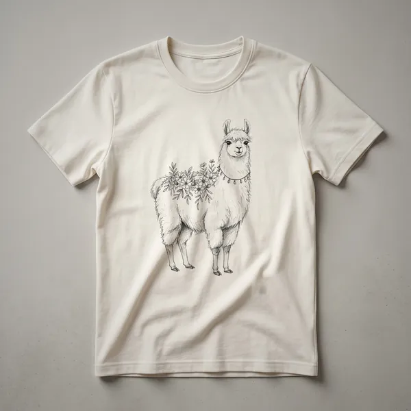 A white graphic t-shirt featuring a black sketch of a llama with flowers around its neck and head.