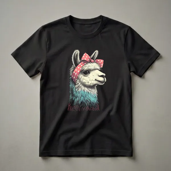 Black t-shirt featuring a vintage-style illustration of a white llama wearing a red polka dot bandana and a teal and pink gradient mane.