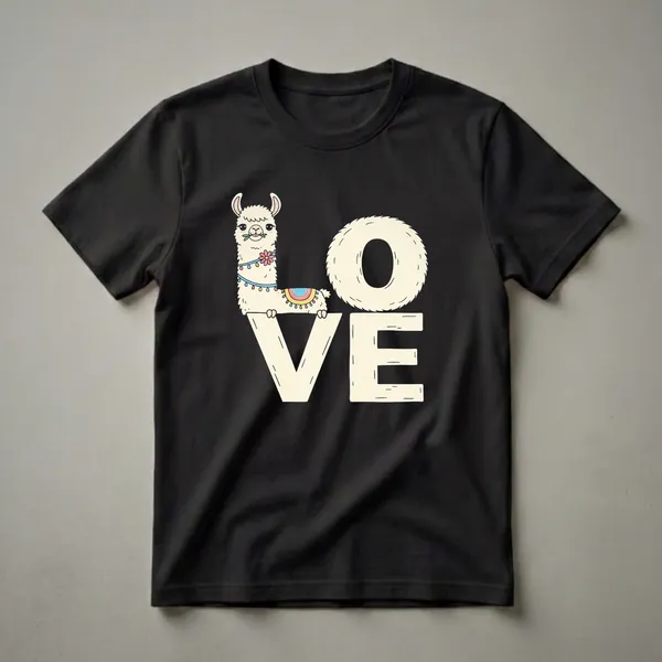 Cream-colored graphic t-shirt featuring a cartoon llama sitting on the letter 'V' of the word 'LOVE', with a festive garland around its neck.