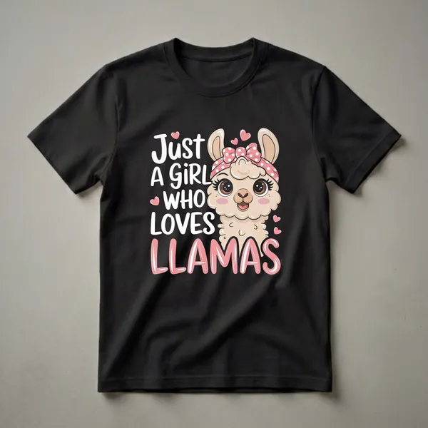 Black t-shirt featuring a cute cartoon llama with a pink polka dot bandana and bow, and the text 'Just A Girl Who Loves Llamas' in white and pink lettering.
