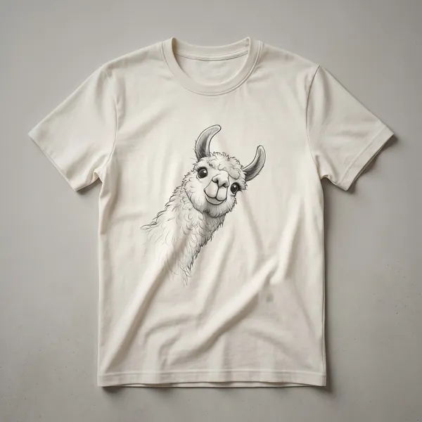 White graphic t-shirt with a cartoon llama peeking over the text 'Llama Tell You'.