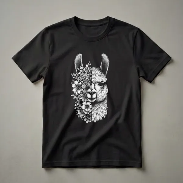 Black and white graphic t-shirt featuring a split sketch of a llama's face, one side adorned with flowers and leaves, the other with detailed fur texture.