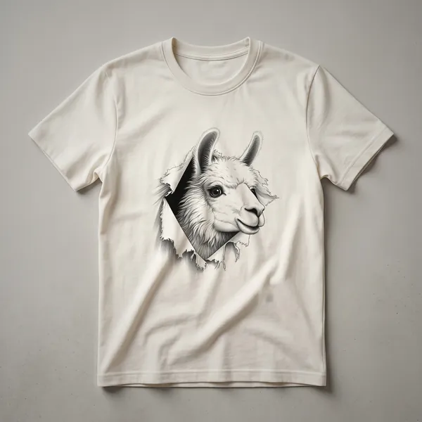 White graphic t-shirt featuring a cute llama peeking over a vibrant and colorful floral border design.