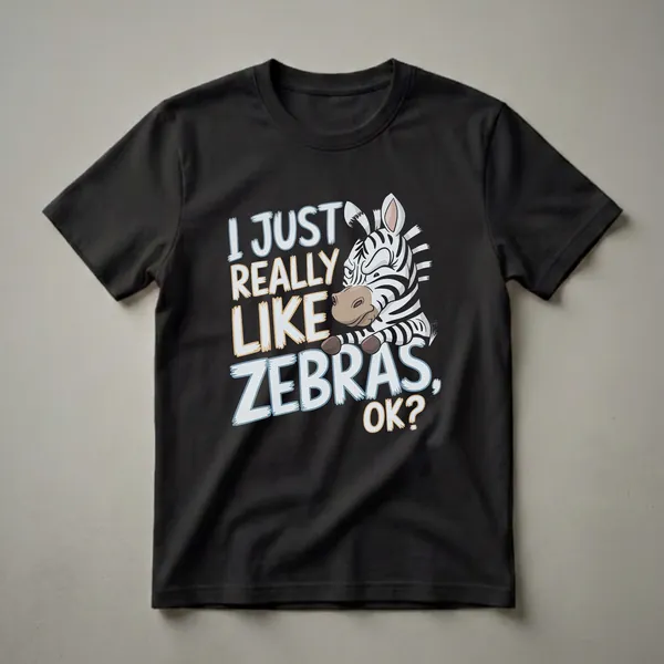 A black t-shirt featuring the text 'I JUST REALLY LIKE ZEBRAS, OK?' in distressed white and blue lettering, with a cartoon zebra illustration peeking from the right side.