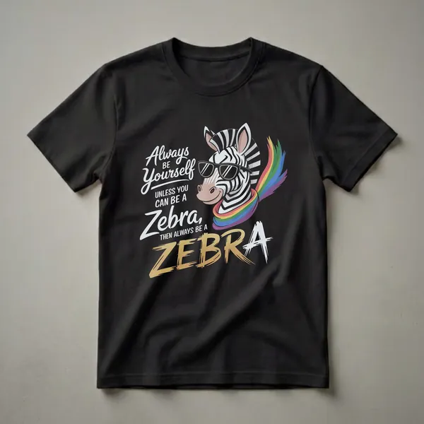 Black t-shirt with a graphic of a cartoon zebra wearing sunglasses and a rainbow scarf, with the text 'Always Be Yourself Unless You Can Be A Zebra, Then Always Be A Zebra'.