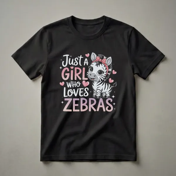 Black t-shirt featuring a cartoon illustration of a cute zebra wearing a red polka dot headband, with the text 'Just A Girl Who Loves Zebras' in a pink and purple gradient font, surrounded by hearts and stars.