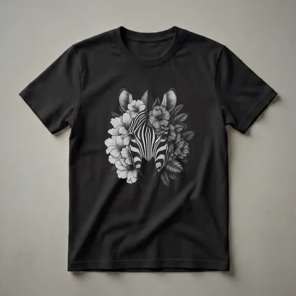 Black and white graphic t-shirt featuring a detailed illustration of a zebra's face adorned with hibiscus flowers and tropical leaves.