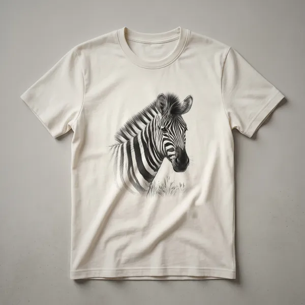 Black and white sketch of a zebra's head and neck on a white t-shirt, showcasing its distinctive stripes and profile.
