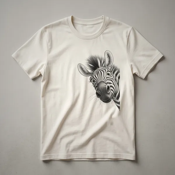 Black and white graphic t-shirt featuring a zebra head peeking over the bottom hem, with the text 'Funny Zebra Peeking Design For Adults And Kids' visible.