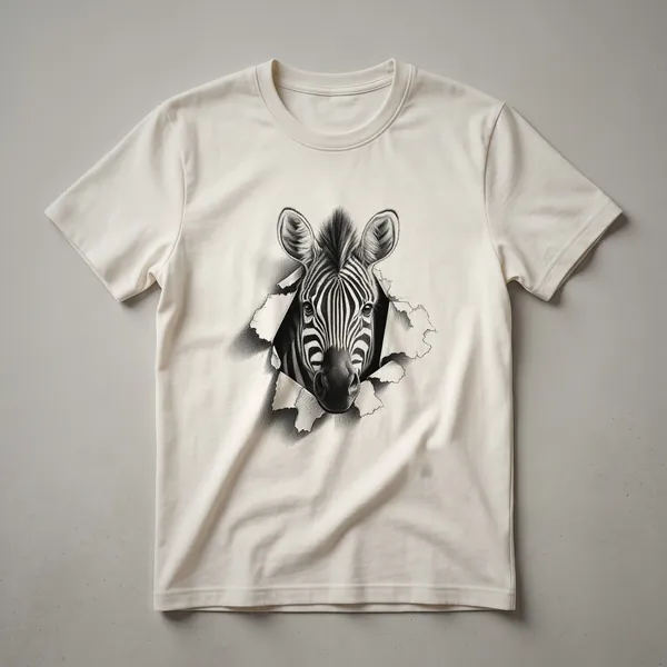 A black graphic t-shirt with a distressed vintage design of a zebra's head peeking from the left side, showcasing its iconic stripes.