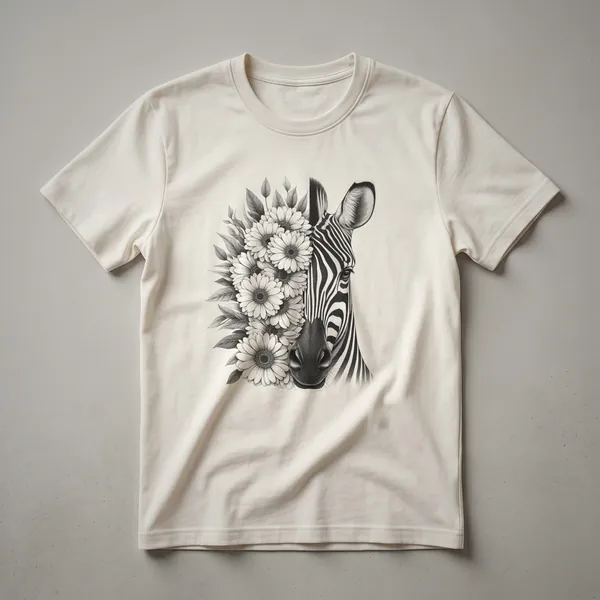 White graphic t-shirt featuring a black sketch of a zebra's head with floral accents and subtle stripe details.