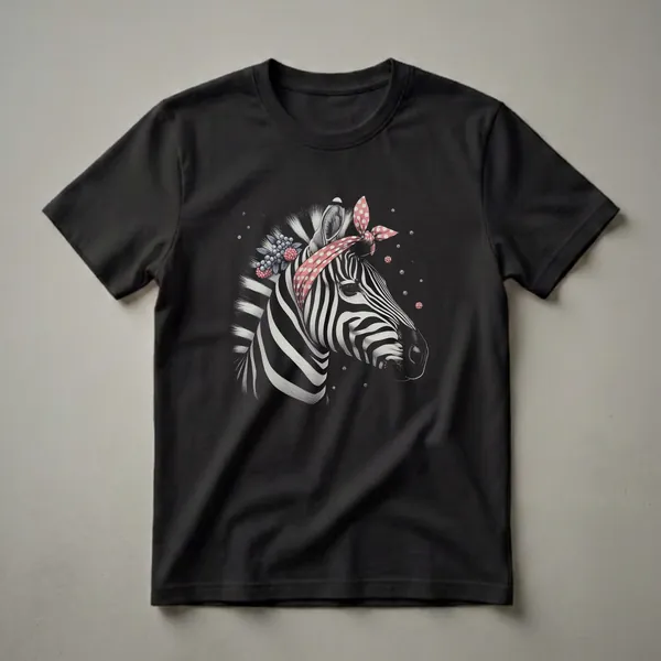 Black and white graphic t-shirt featuring a zebra's head wearing a pink polka dot bandana, adorned with berries and leaves, on a black background.