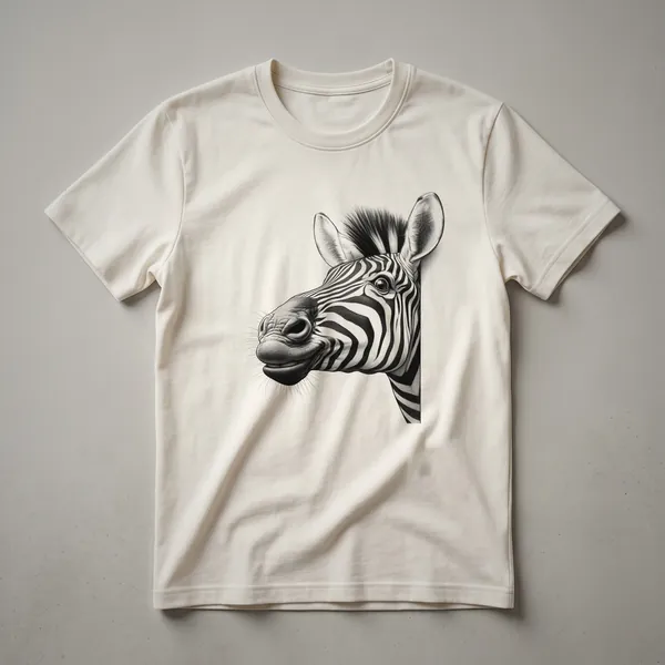 White t-shirt with a cartoon black and white zebra head peeking from the left side of the frame with a playful expression.