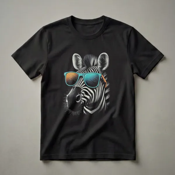 Black t-shirt featuring a detailed illustration of a zebra's head wearing turquoise sunglasses with orange accents against a black background.