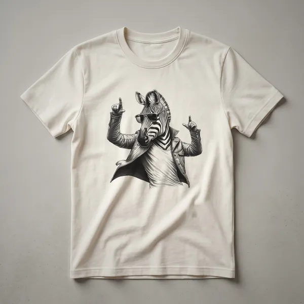 White graphic t-shirt featuring a black cartoon zebra dancing with a party hat, surrounded by confetti and musical notes.