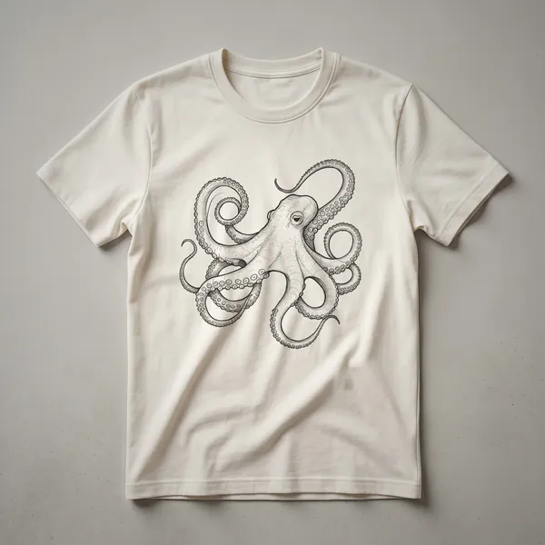 Black and white vintage sketch of an octopus with detailed tentacles and body, displayed on a t-shirt.