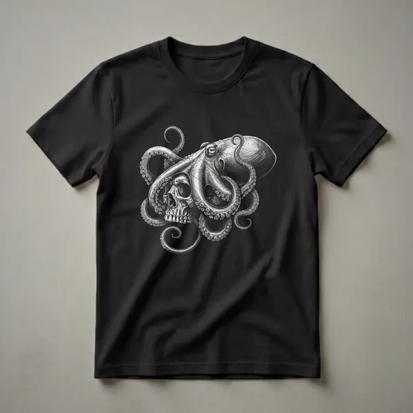 Black and white graphic t-shirt featuring a detailed illustration of an octopus with its tentacles wrapped around a human skull, set against a black background.