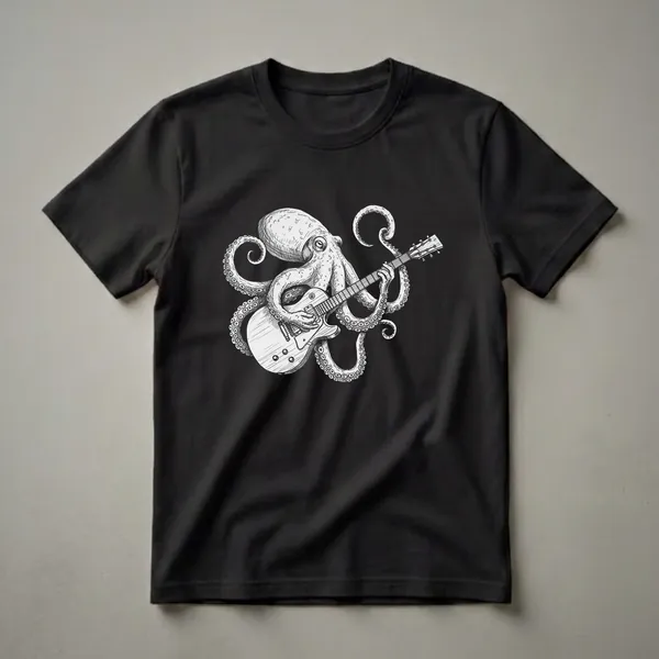 Black and white sketch of an octopus with multiple tentacles wrapped around and playing an electric guitar, set against a black background.