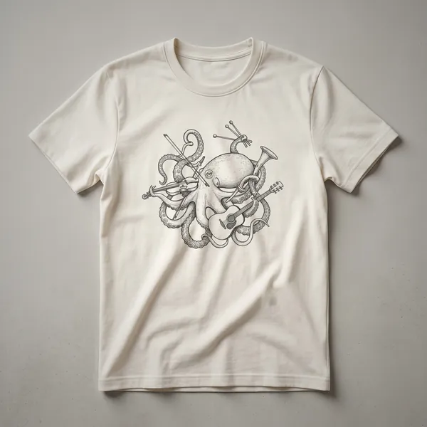 Black t-shirt with a graphic design of a multi-tentacled octopus playing a drum set, with musical notes scattered around.