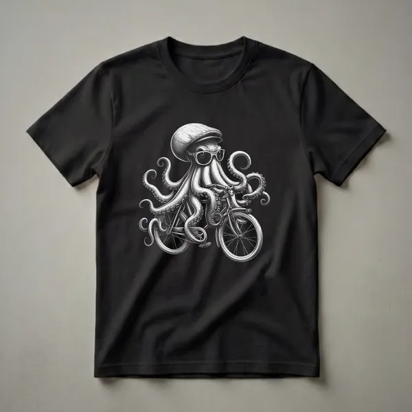 Black and white graphic t-shirt featuring a cool octopus wearing a flat cap and sunglasses, riding a bicycle with its tentacles.
