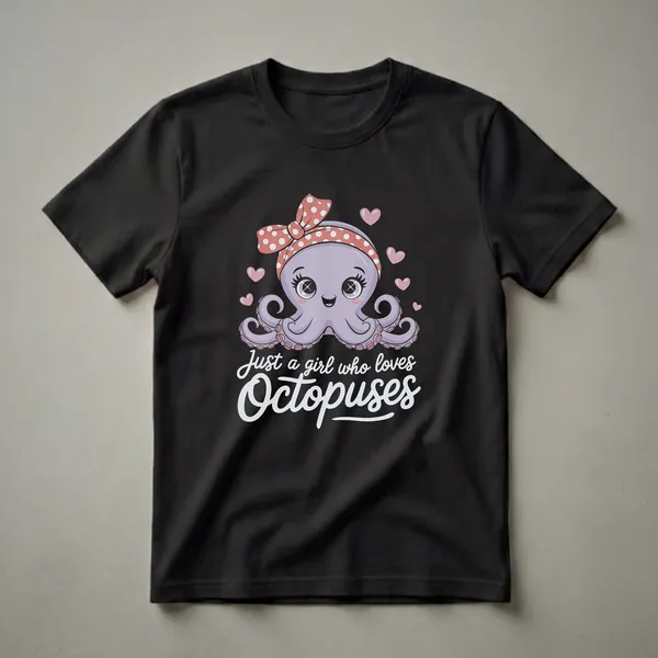 A black t-shirt featuring a cartoon purple octopus wearing a red and white polka dot bandana, with pink hearts and the text 'Just a girl who loves Octopuses'.
