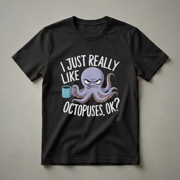 A black t-shirt featuring a grumpy purple cartoon octopus holding a blue coffee mug, with white text that reads 'I JUST REALLY LIKE OCTOPUSES, OK?'.