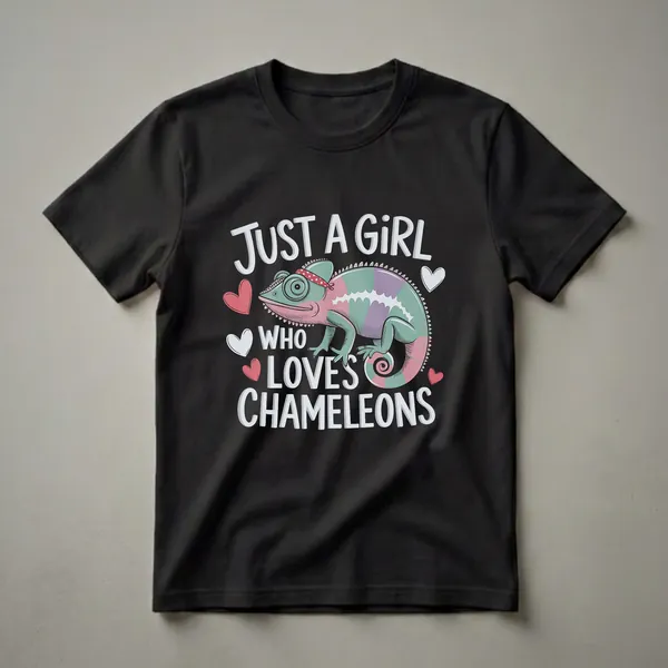 Black t-shirt featuring a cartoon chameleon with a red bandana, surrounded by the words 'JUST A GIRL WHO LOVES CHAMELEONS' and several pink and white hearts.