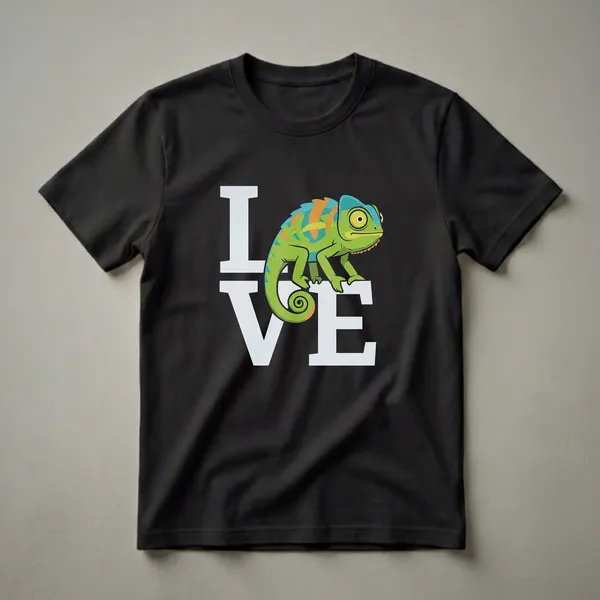 Light grey graphic t-shirt featuring the word 'LOVE' with a green, blue, and orange chameleon perched on the letters.