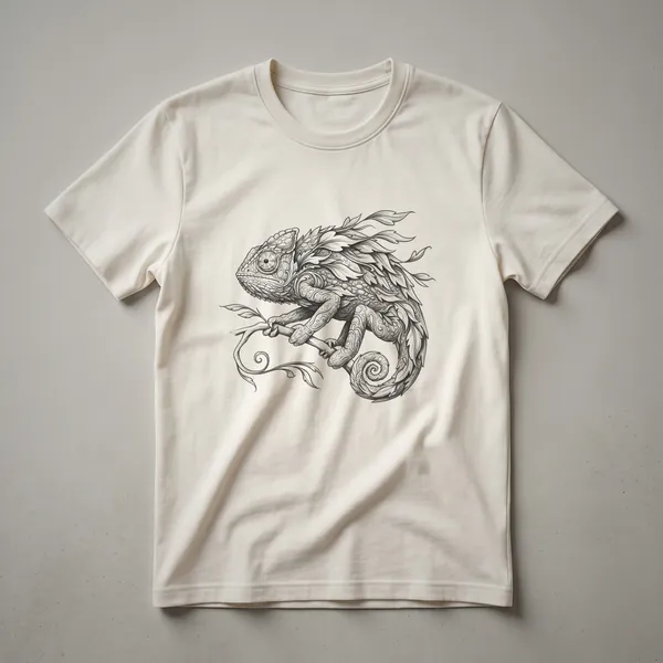 A black t-shirt with a graphic design of a chameleon on a branch with green leaves.