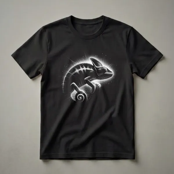 Black t-shirt with a detailed chameleon in profile surrounded by a blazing white radiant aura of light rays and glittering spark streaks.