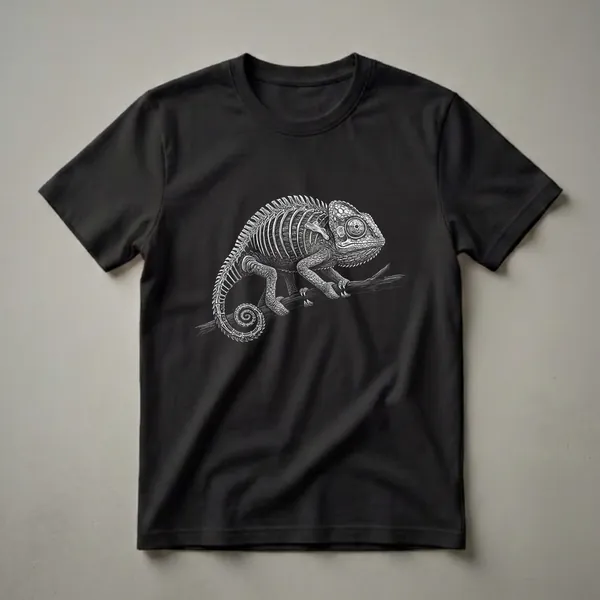 Black t-shirt with a detailed black and white illustration of a chameleon skeleton perched on a dark branch, showcasing its bones and textured skin.